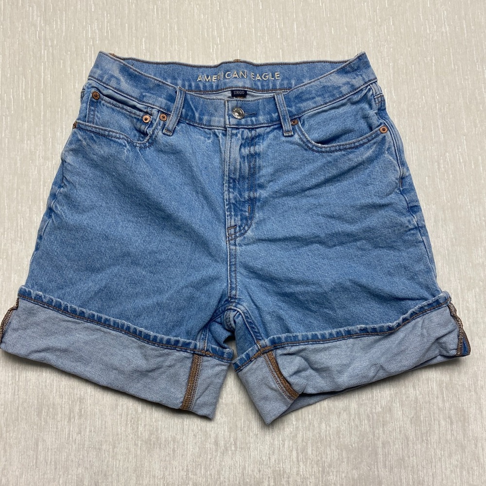 American Eagle Strigid Denim Relaxed Shorts Womens 2 Blue Rolled Cuff 5in Inseam